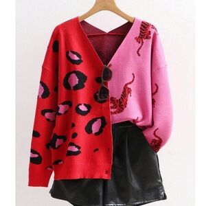 Striking Red and Pink Animal Print Cardigan, Black/Red/Pink, Size Large